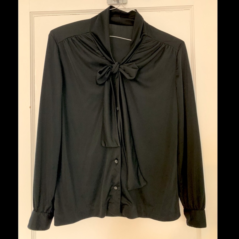 Vintage Handmade Black Tie Button-Down Blouse Top